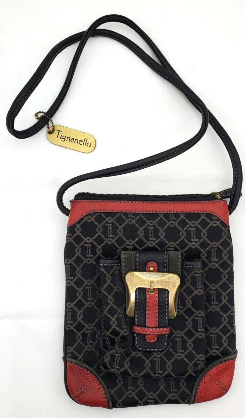Tignanello Signature Black/Red Canvas/Leather Buckle Pocket Cross Body Bag Used